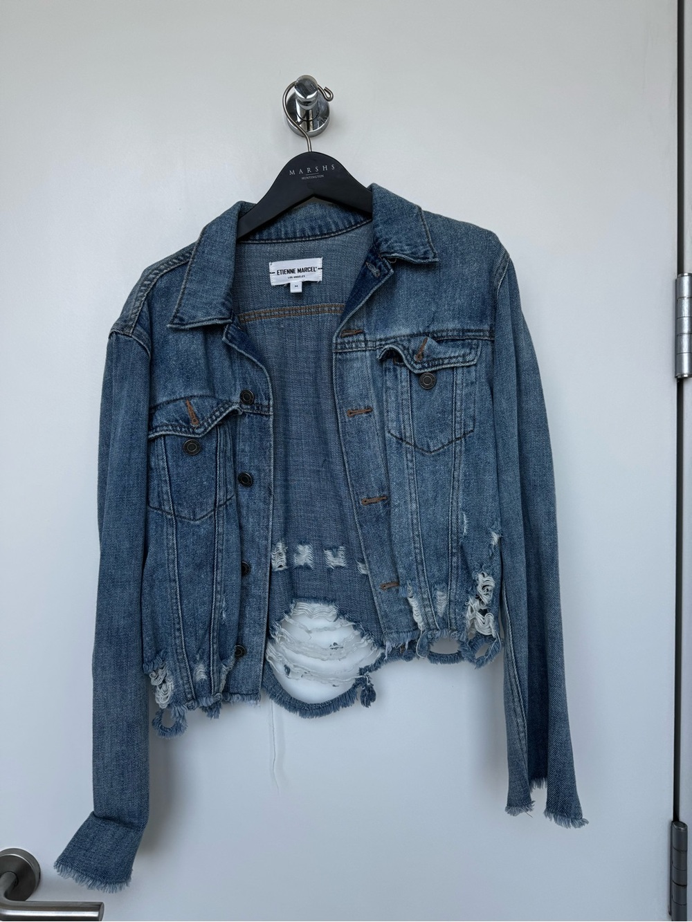Etienne Marcel Denim Red Zipper Distressed Crop Jacket - Women's